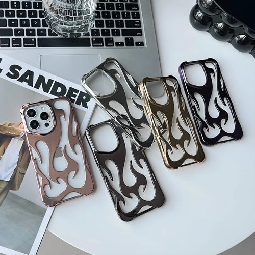 Electroplated hollow flame pattern TPU iPhone case in silver plating shown on a phone.