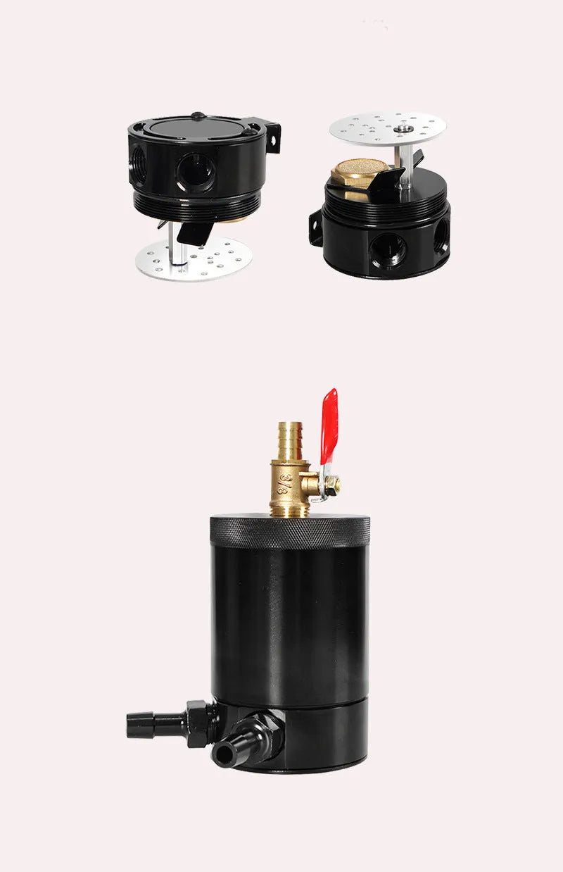 Black automotive aluminium oil pot with two-hole design and optional drain valve for workshop use