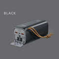 Black portable power bank with solar panel, showing dimensions of 70mm by 70mm by 162mm.