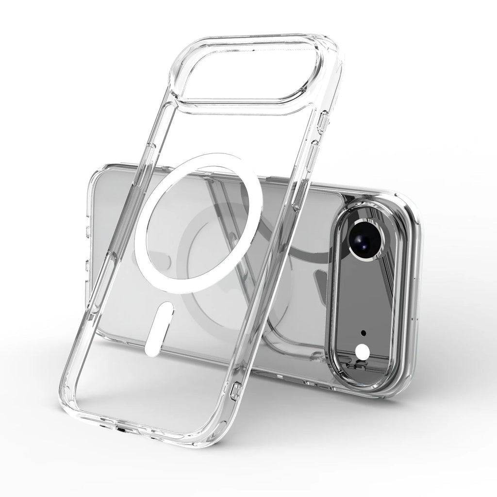 Transparent magnetic phone case for iPhone 17 series models on a plain background