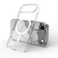 Transparent magnetic phone case for iPhone 17 series models on a plain background