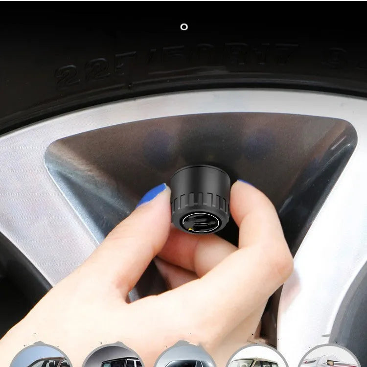 Black automotive tyre pressure monitoring system with four Bluetooth sensors and installation tools
