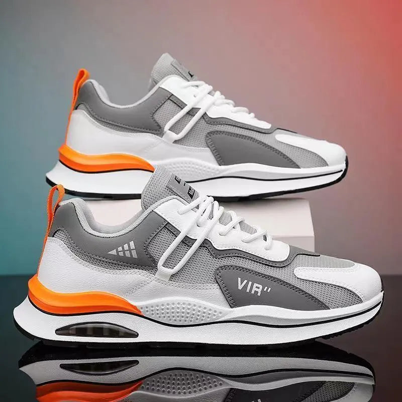 Men's grey mesh casual running shoes with round toe and middle-top design