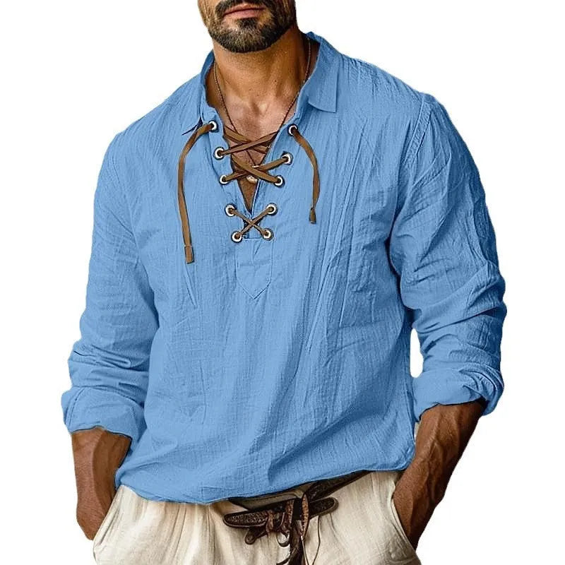 Men's loose fit linen blend shirt with white lace detail on lapel collar, shown in blue.