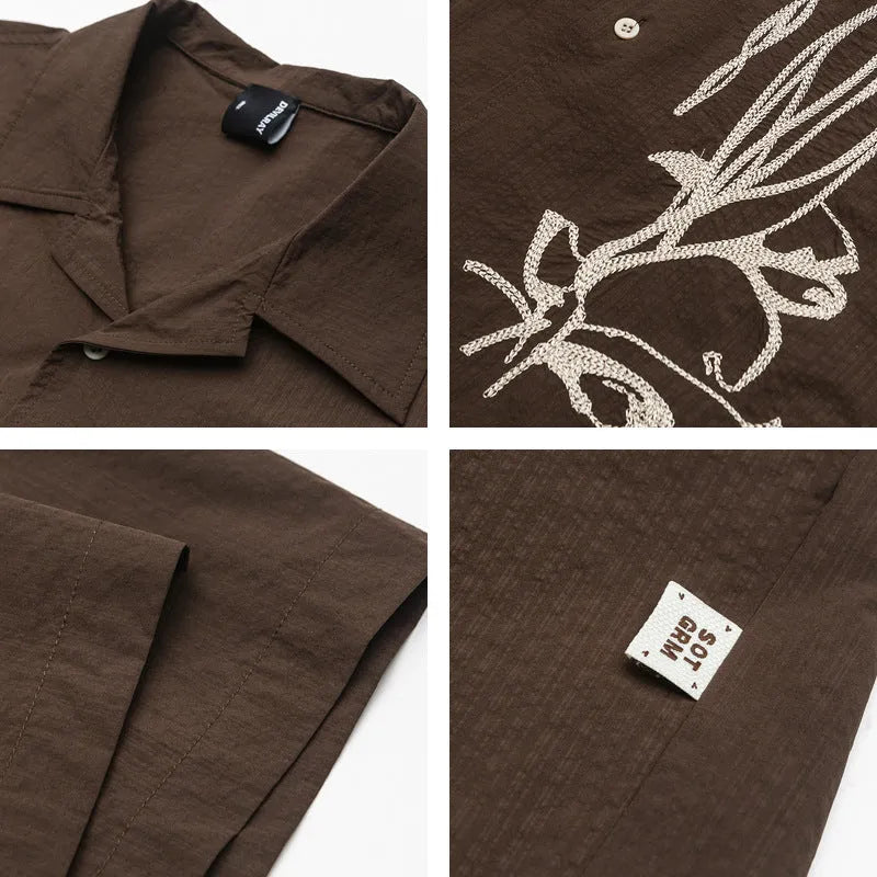 Brown striped Cuban collar outdoor shirt with short sleeves for mountain camping