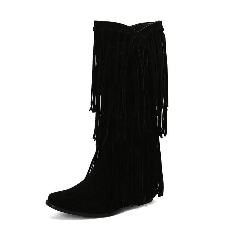 Women's black suede knee-high boots with a chunky heel and tassel decoration.