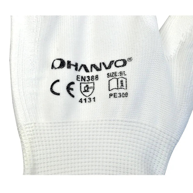White PU-coated labour gloves showing flexible construction and 24 cm length