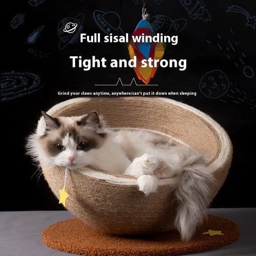Large integrated cat scratching post and bed unit with sisal rope scratching surfaces and flannel-lined sleeping basin