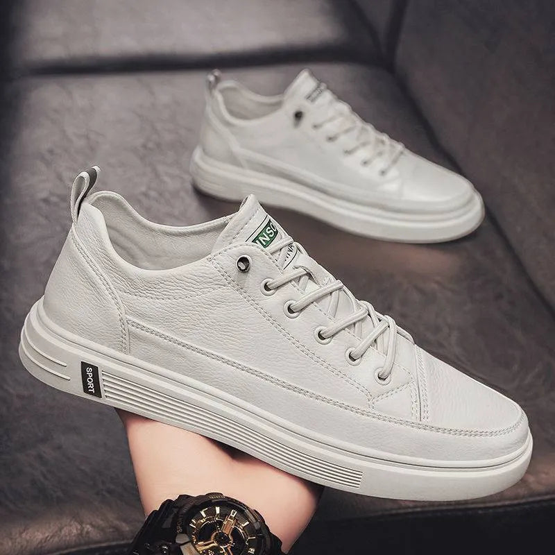 Men's white casual shoes with PU leather upper, round toe and shallow opening