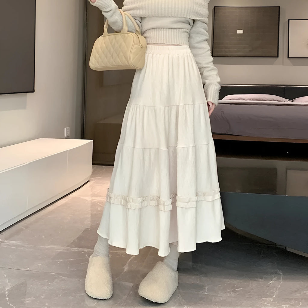 Corduroy A-line midi skirt with elastic waistband in milky white, black or brown colours