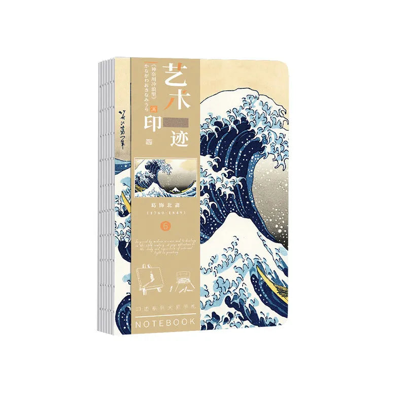 Ukiyo-e series hand ledger notebook showing Japanese art cover and open writing pages