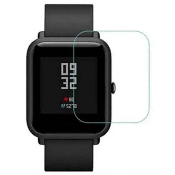 Amazfit Bip S smartwatch with applied TPU hydrogel screen protector showing full coverage