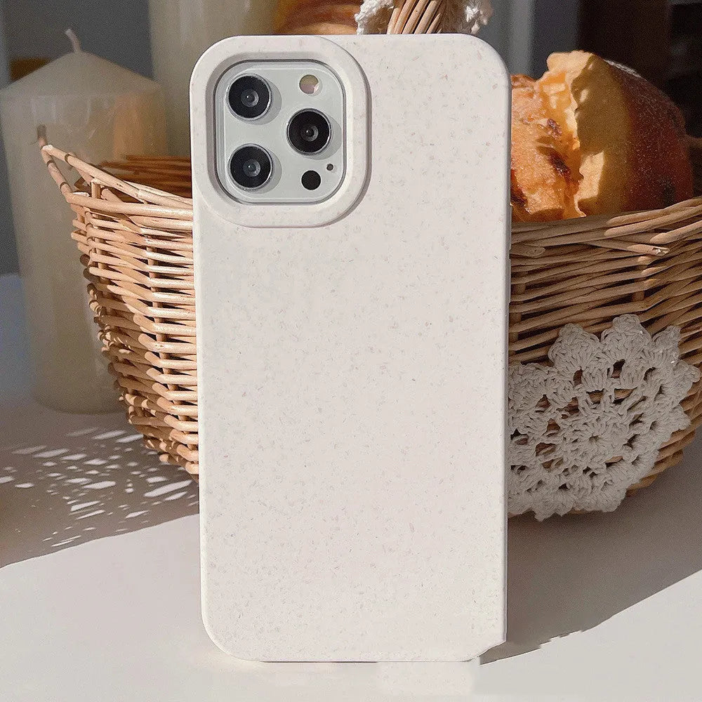 Fully degradable wheat straw fibre phone case for iPhone on a white background.