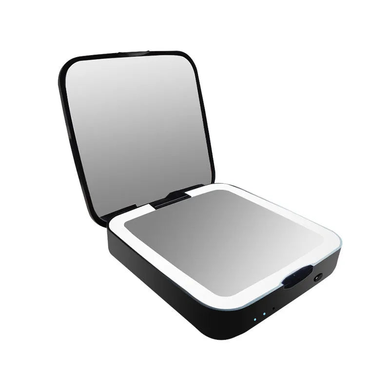 Black and white makeup mirror with adjustable lighting and 4x magnification