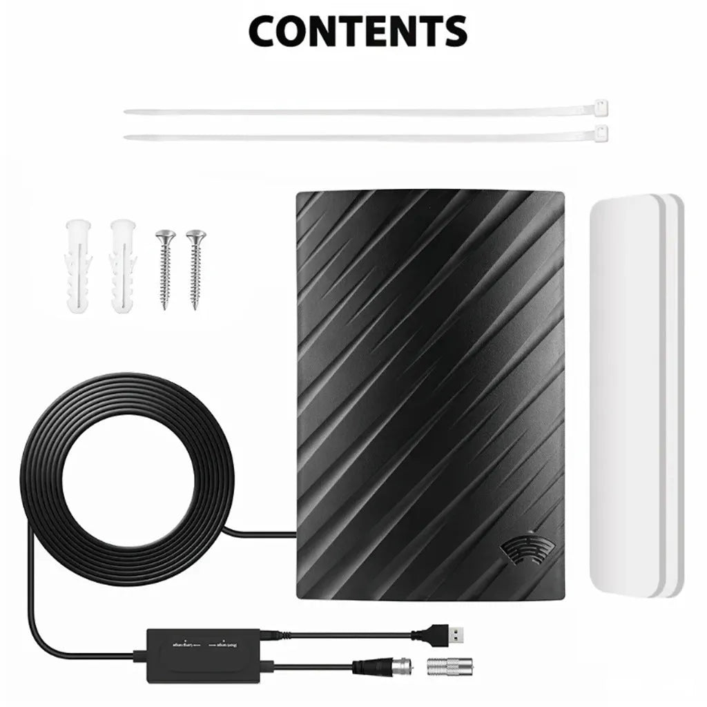 Black plastic digital television antenna with mounting accessories on white background