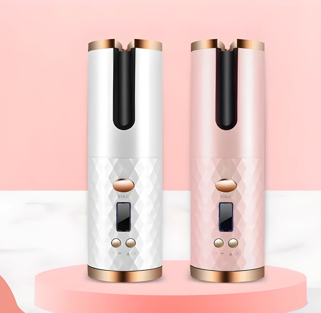 White portable mini curling iron with USB charging port and adjustable temperature dial.