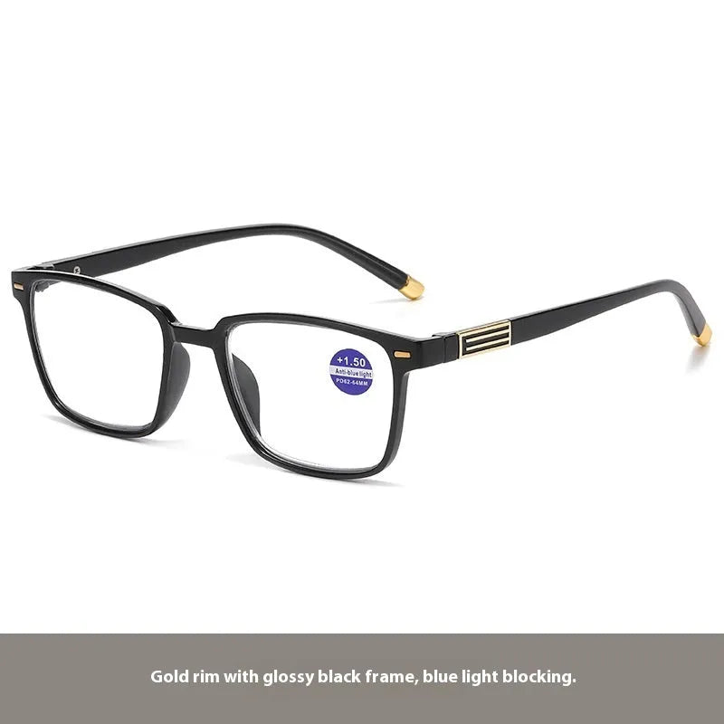 Multifocal reading glasses with anti-blue light and photochromic lenses in black frame with gold accents