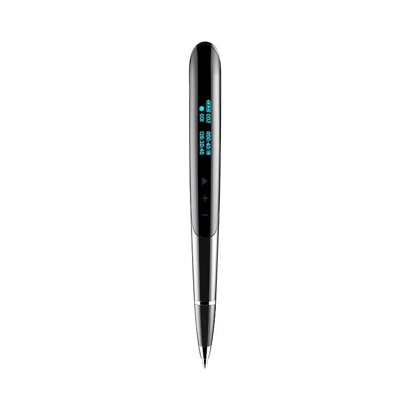 Black and silver lossless recording pens with OLED display screens and zinc alloy shells.