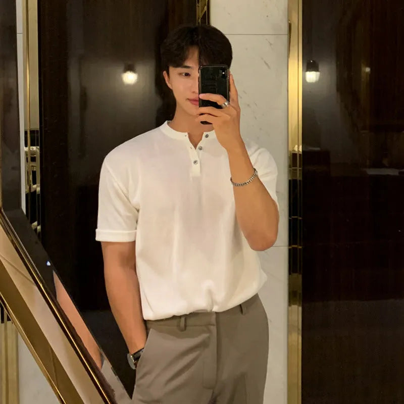 Men's slim-fit ice silk short-sleeved shirt in black, laid flat showing knitted texture and collar.