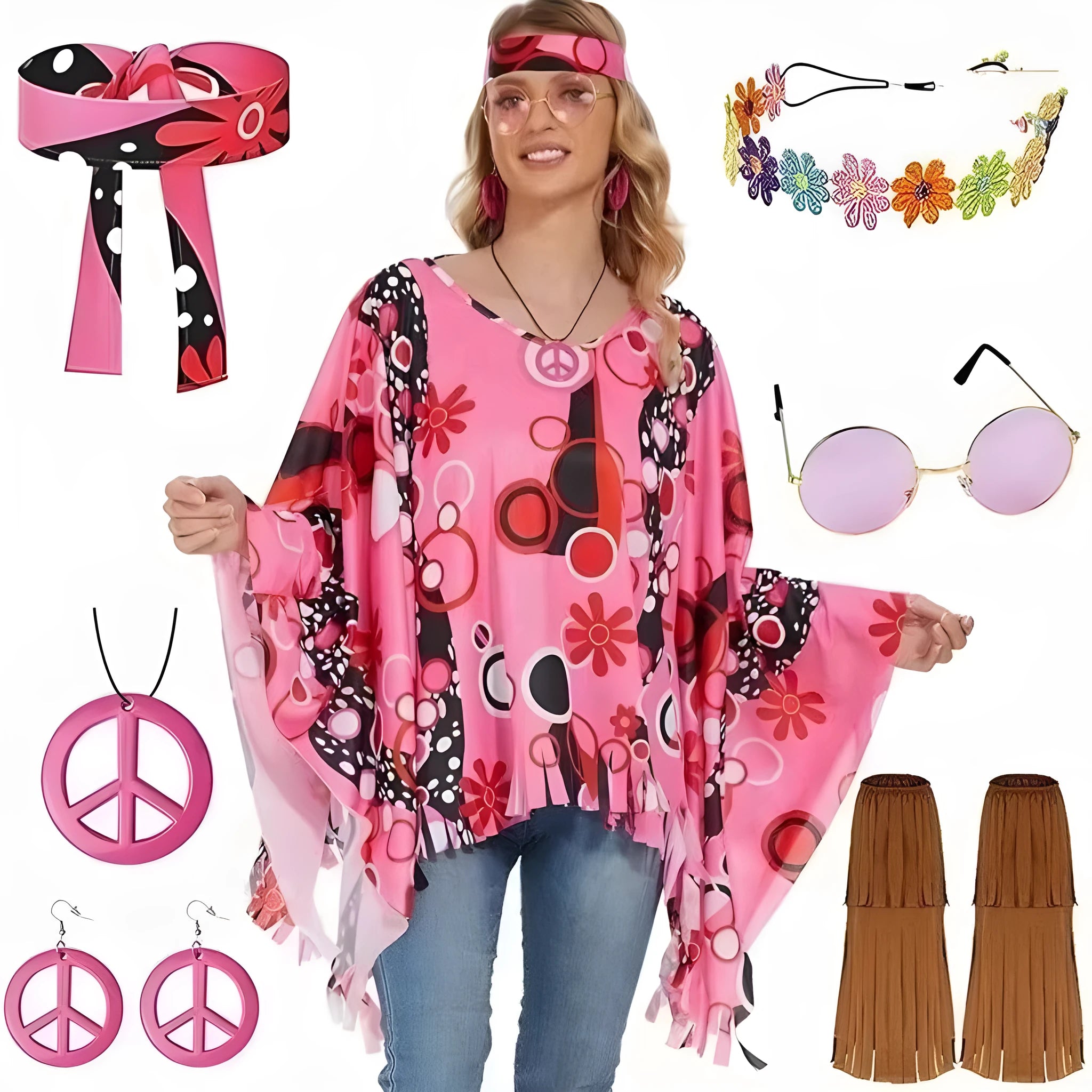 Colourful tie dye cloak costume with large bell sleeves, shown in a rainbow colour variant.