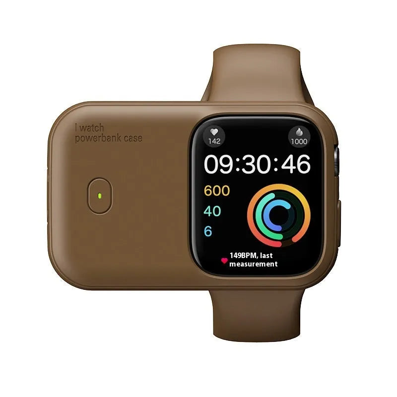Apple Watch portable wireless charging case with silicone protector in brown, blue, and starlight colours.