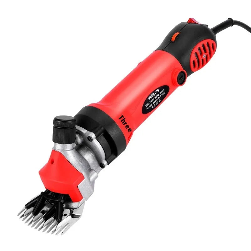 Yellow electric wool shearing machine with 110V plug and multiple blade sets in plastic storage case