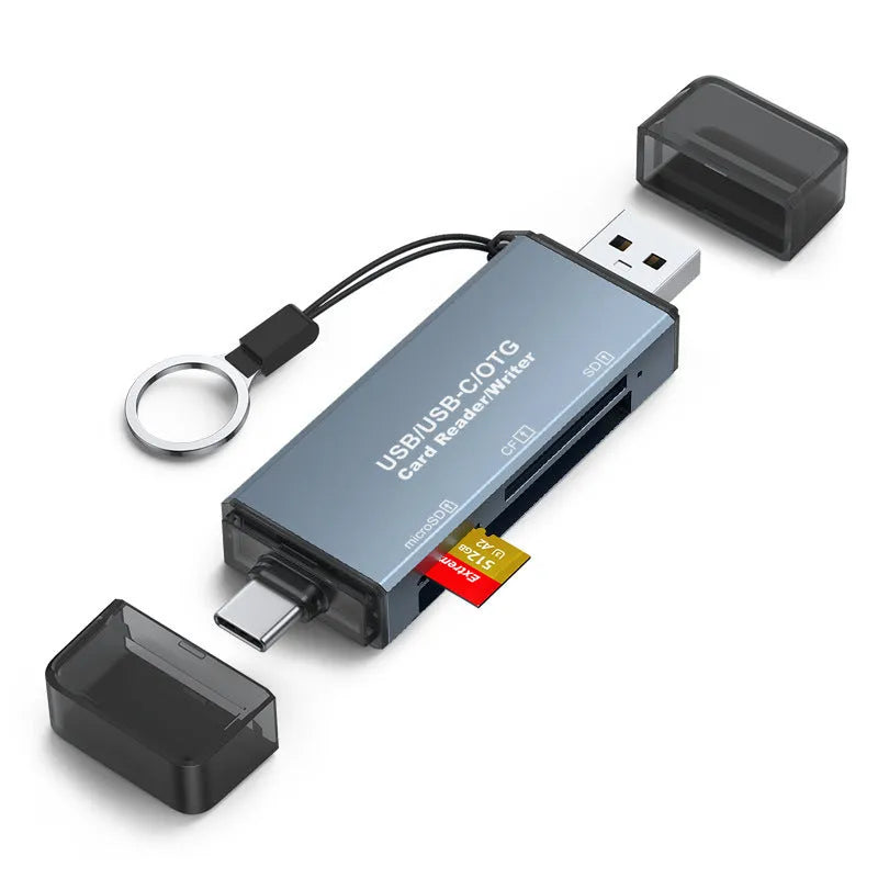 CF SD TF three-in-one aluminium card reader with USB connection for computer and mobile phone