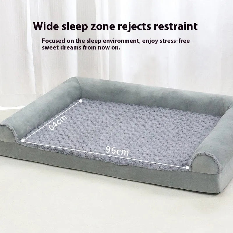 Light grey cloth dog kennel with raised sides for a medium-sized dog, shown on a wooden floor.