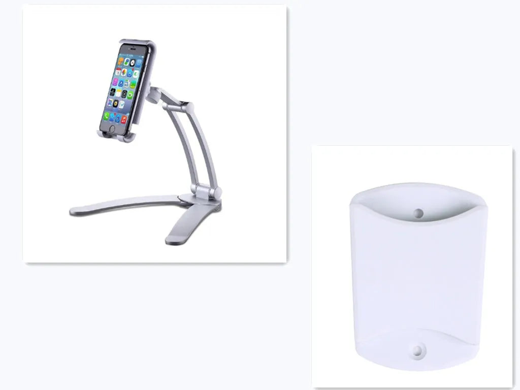 Silver aluminum alloy desktop stand holding a tablet at an adjustable angle.