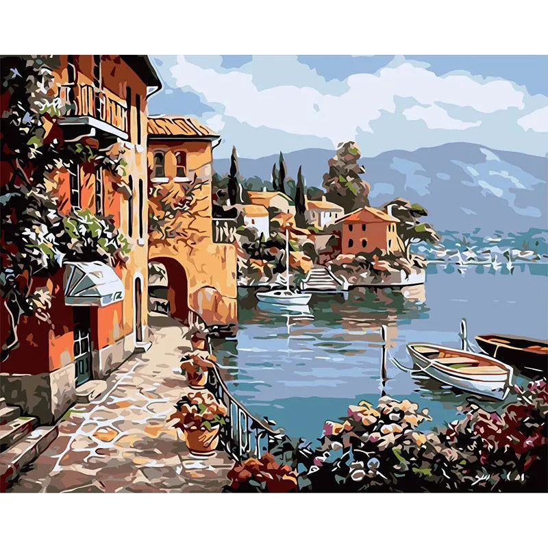 Rimless hand-painted linen oil painting with landscape scene in modern simple style