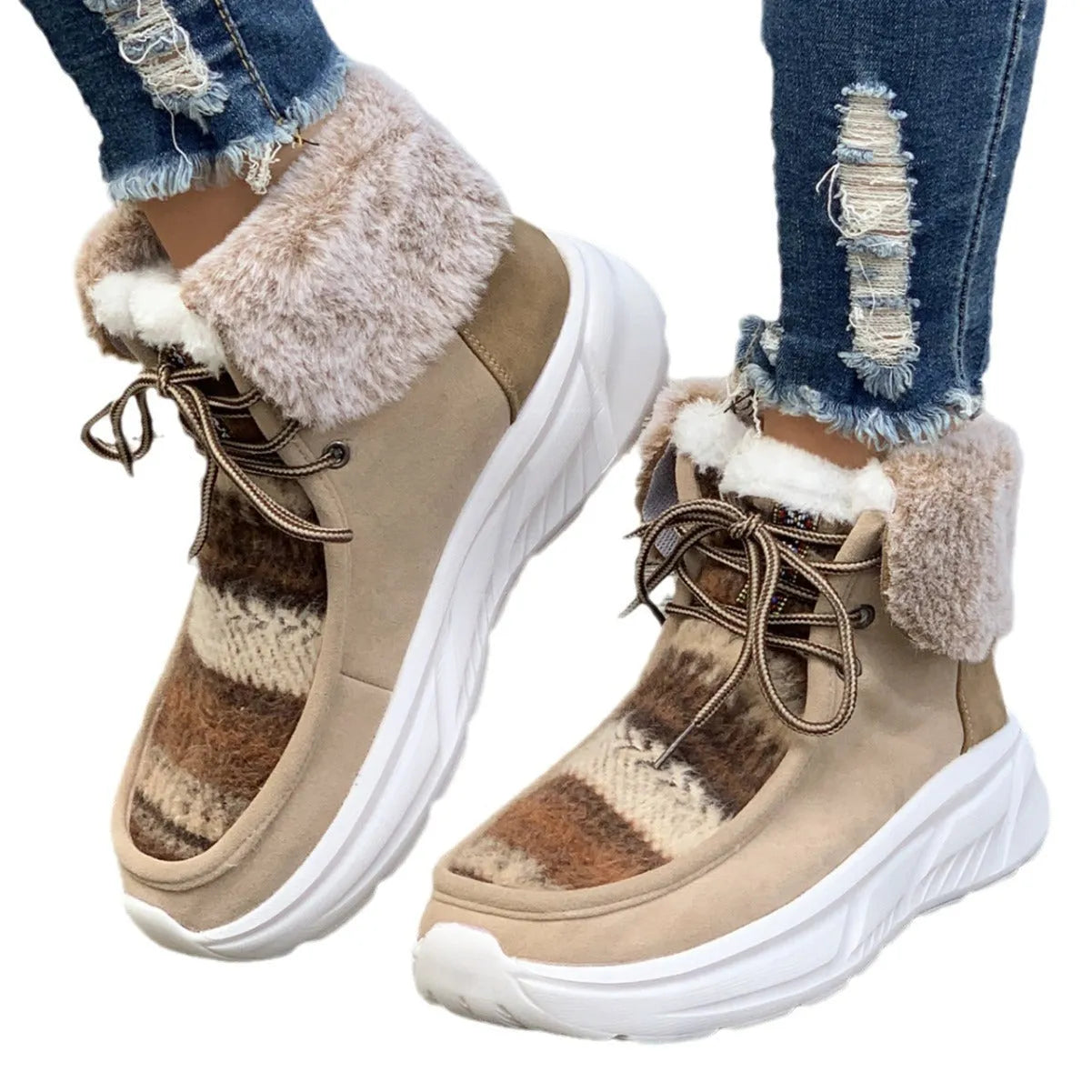 Women's beige lace-up snow boots with suede upper and platform sole