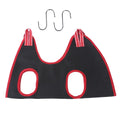 Hanging mesh pet grooming restraint bag for cat and dog nail trimming and bath time.