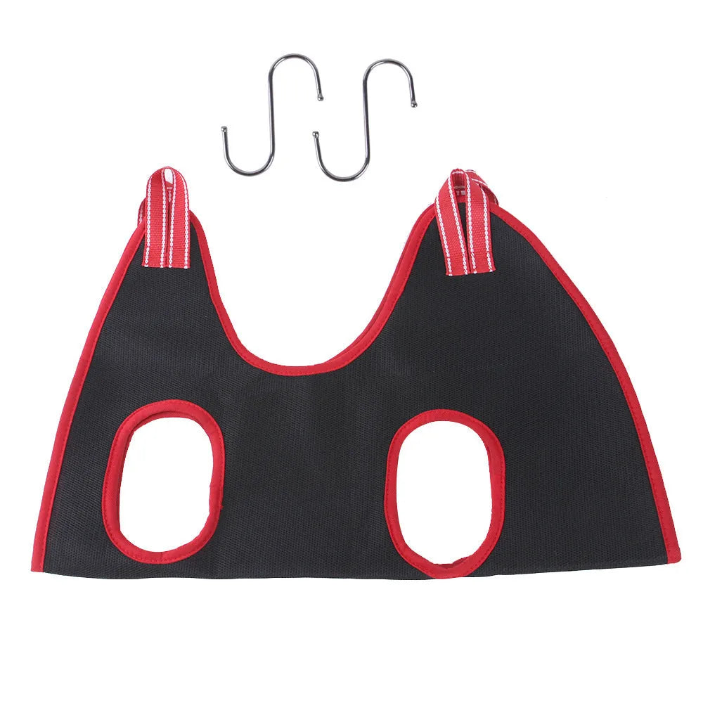 Hanging mesh pet grooming restraint bag for cat and dog nail trimming and bath time.