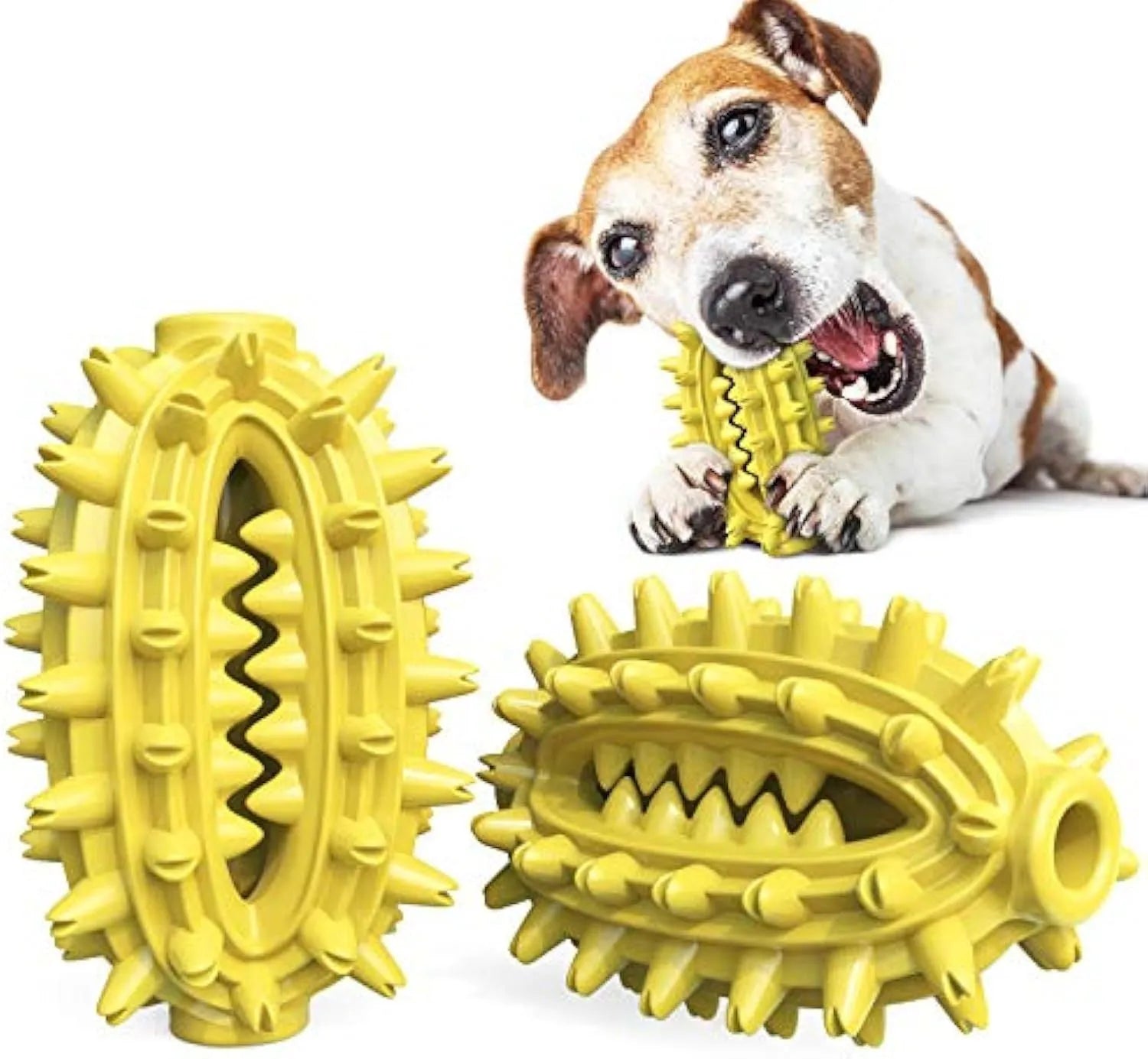 Green and yellow cactus-shaped rubber dog chew toy for dental cleaning