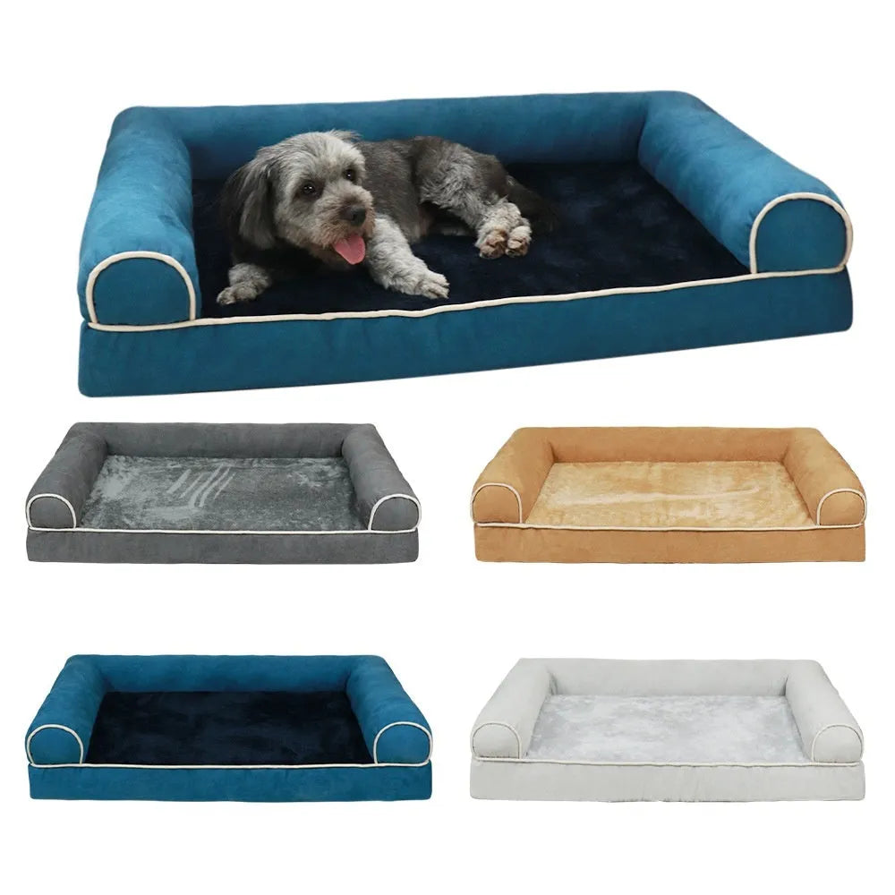 Square blue cloth dog bed with sponge filling for a large dog, showing its dimensions.