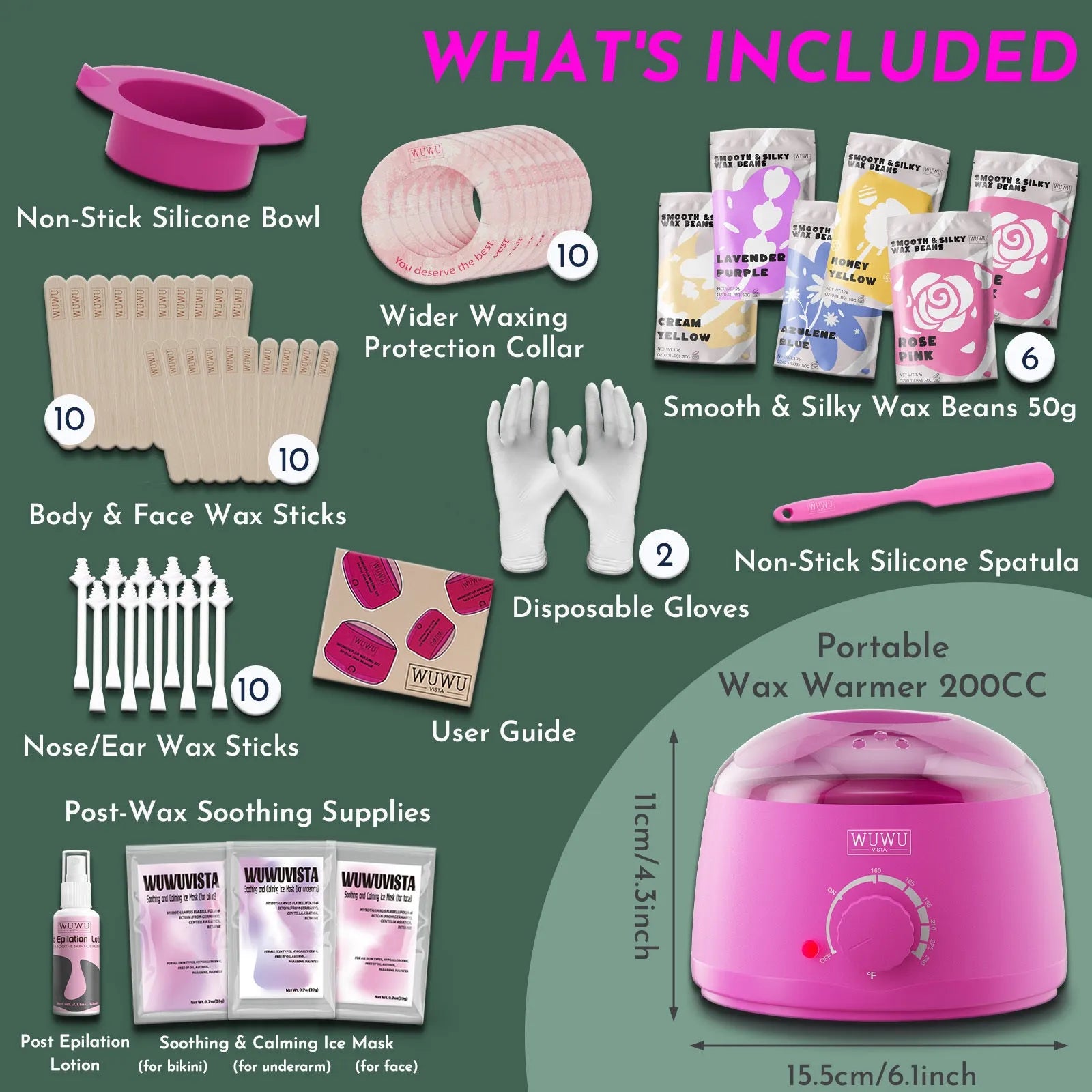 WUWUVISTA professional hard wax hair removal kit with wax warmer, beads, applicators and aftercare products