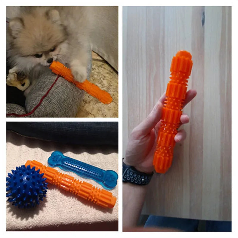 Green durable rubber dog chew toy with treat-dispensing hole and squeaker, for aggressive chewers.