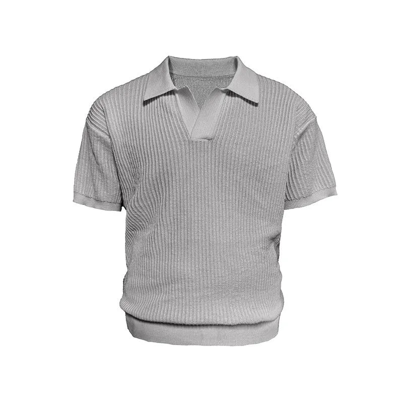Men's business casual polo shirt in ice silk blend fabric available in creamy-white, black, and grey colours
