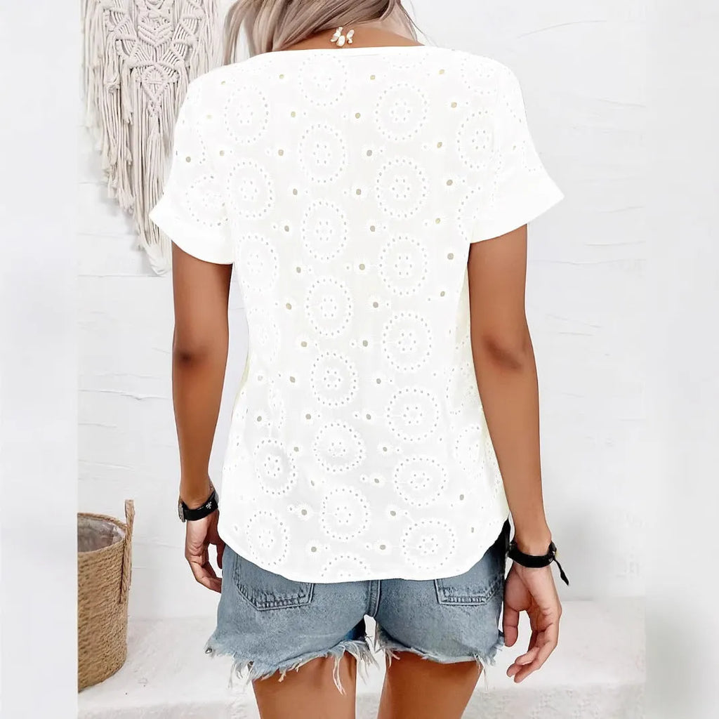 Women's white V-neck t-shirt with hollow lace detail and short sleeves