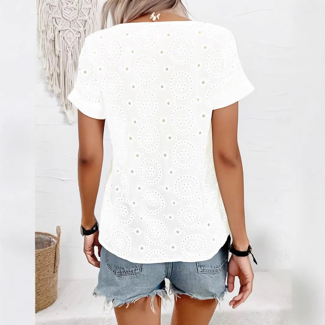 Women's white V-neck t-shirt with hollow lace detail and short sleeves