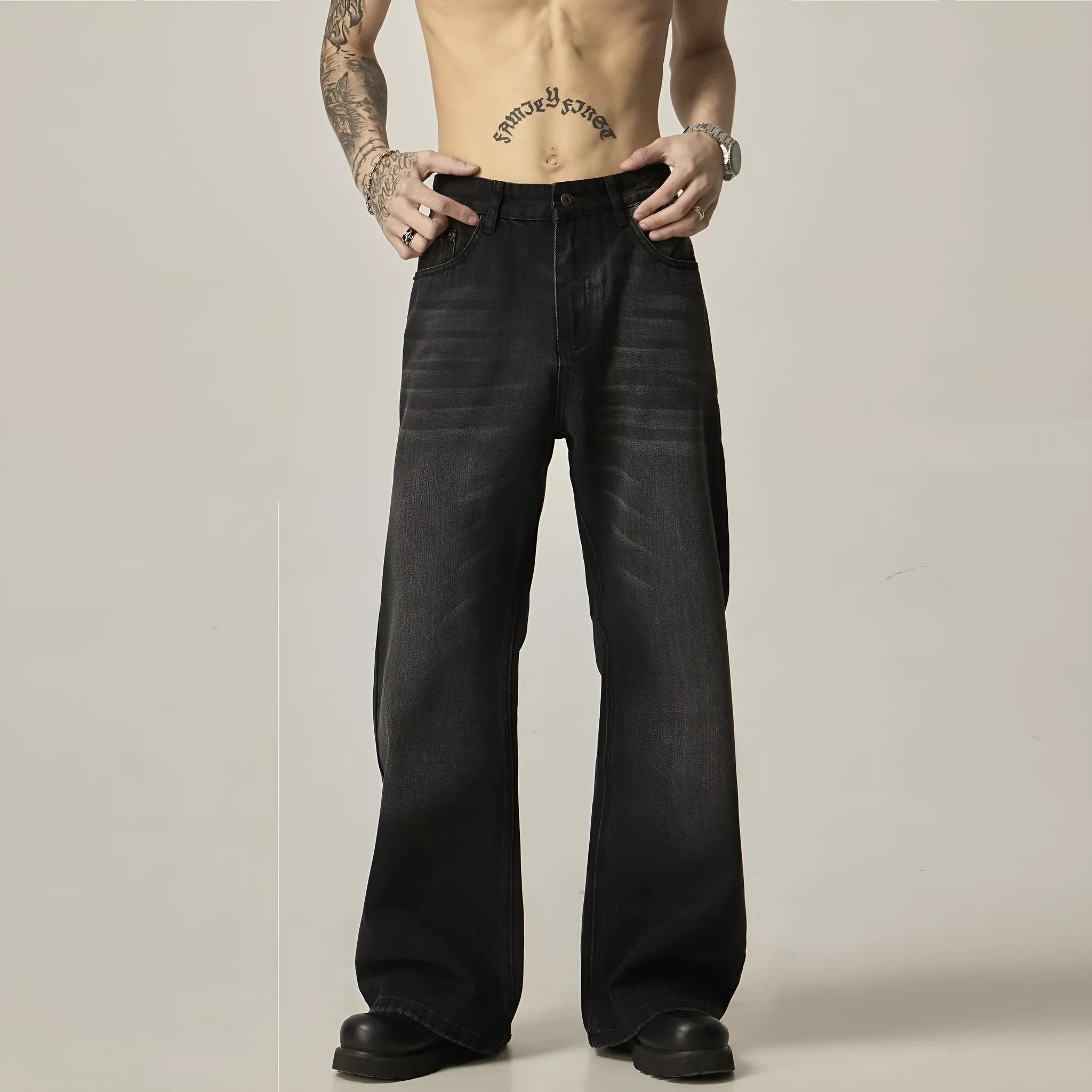 American retro black loose straight jeans with zipper fly on mannequin showing loose fit