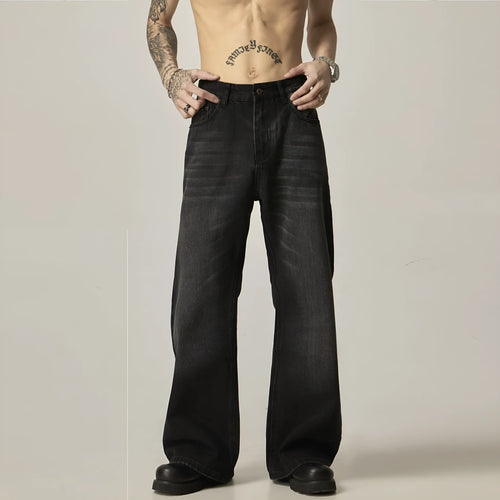 American retro black loose straight jeans with zipper fly on mannequin showing loose fit
