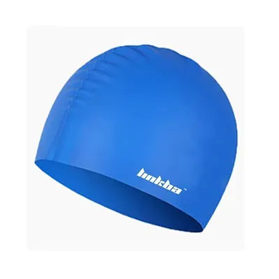 Black silicone swimming cap with white letter pattern and integrated waterproof earmuffs.