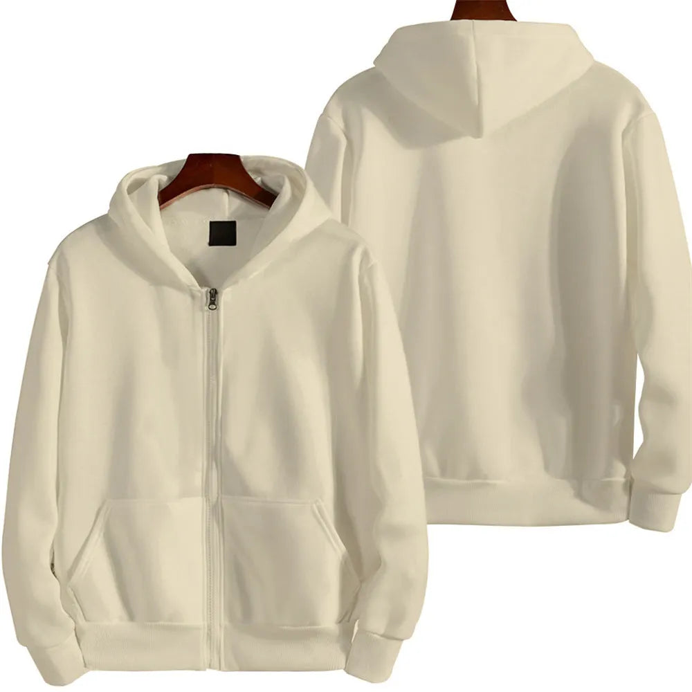 Men's solid colour loose fit zip-front sports jacket on a hanger.