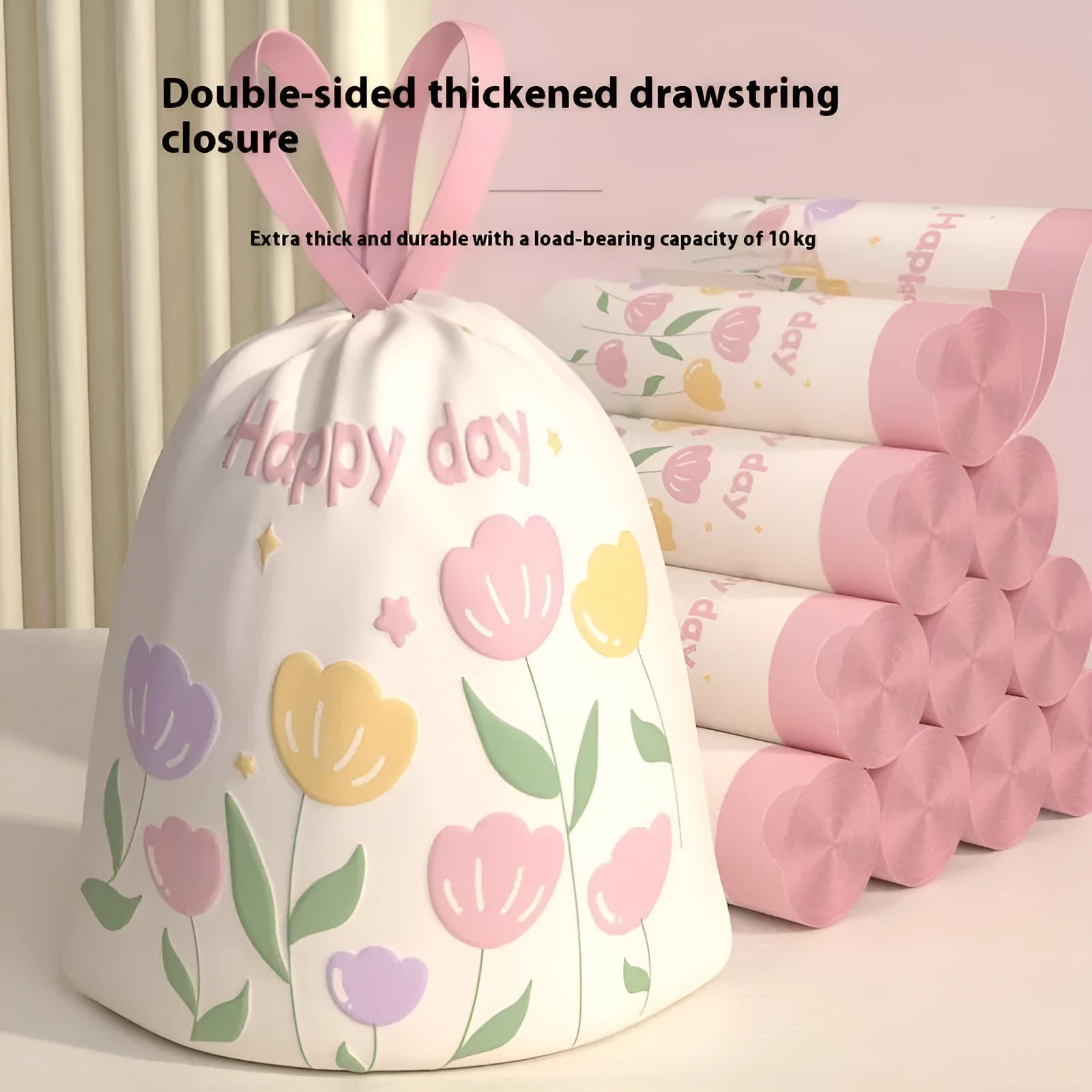 Pink degradable garbage bags with drawstring closure and argy wormwood mosquito repellent properties