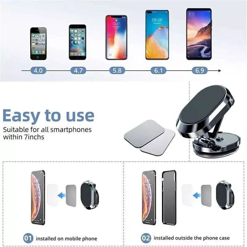 Chrome stainless steel magnetic car phone holder with foldable bracket and dashboard mount