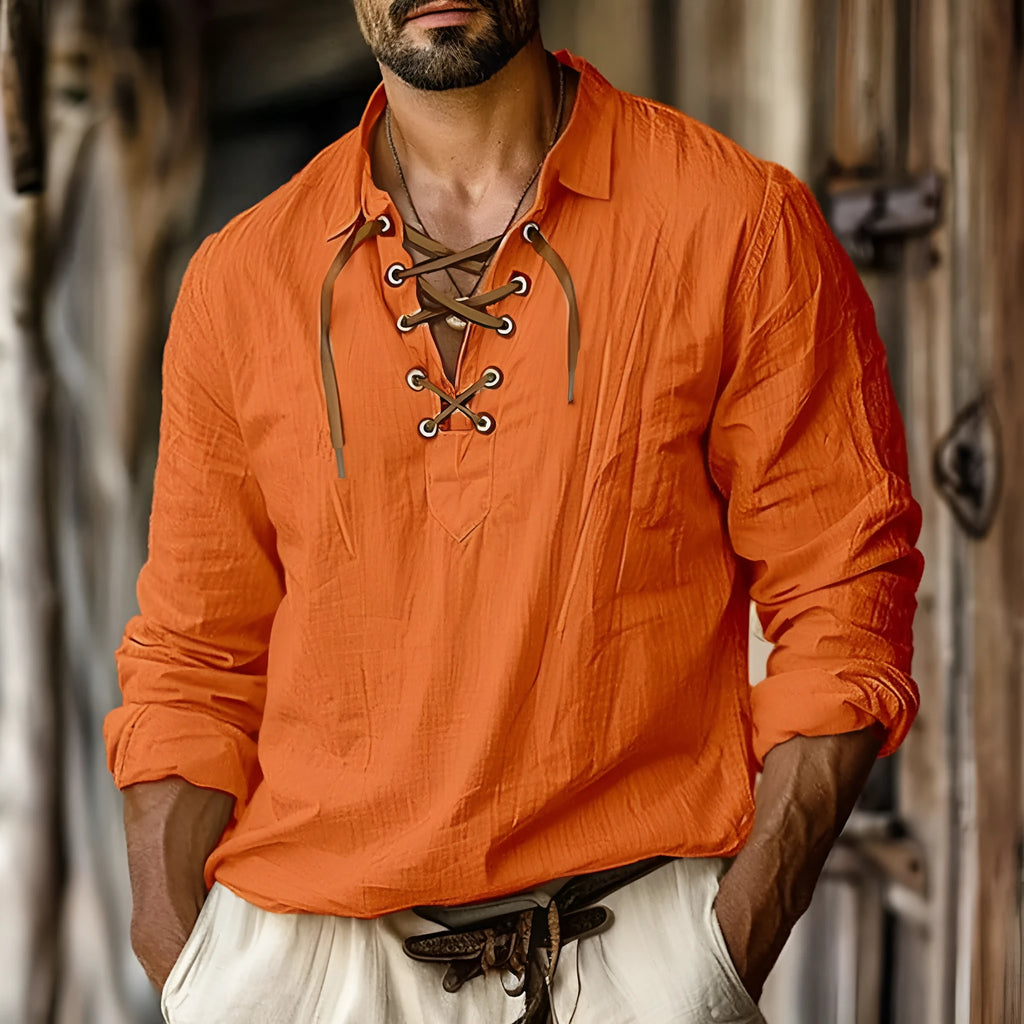 Men's loose fit linen blend shirt with white lace detail on lapel collar, shown in blue.