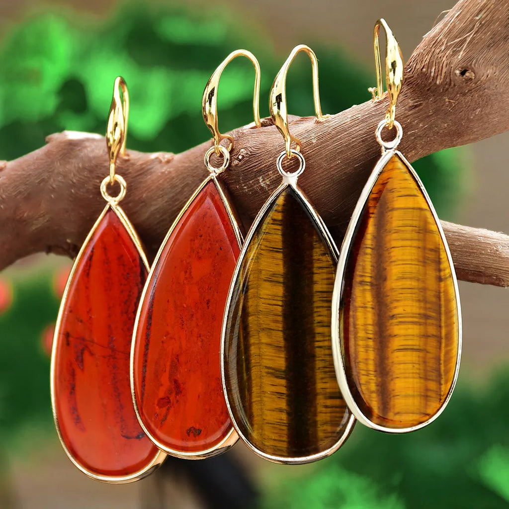 Vintage handmade stone drop earrings with water droplet shape in five colour options including tigereye and amethyst