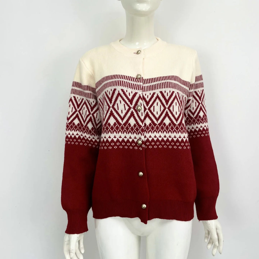 Women's grey alpaca wool cardigan with long sleeves and a red diamond contrast knit pattern.