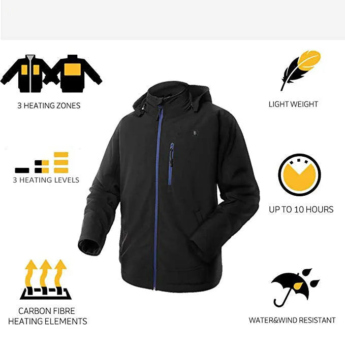 Black men's USB-heated waterproof winter coat with zip pockets on a mannequin, showing straight hem and long sleeve design.